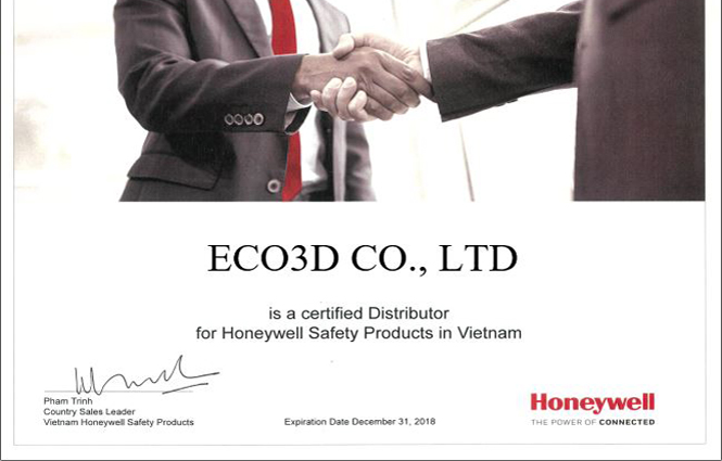 Bằng chứng nhận đại lý chính thức Honeywell tại Việt Nam của công ty ECO3D 2018