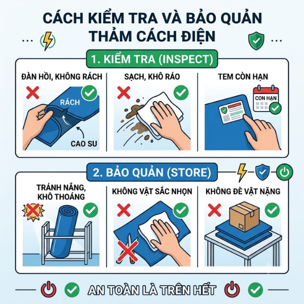 Cách kiểm tra và bảo quản thảm cách điện