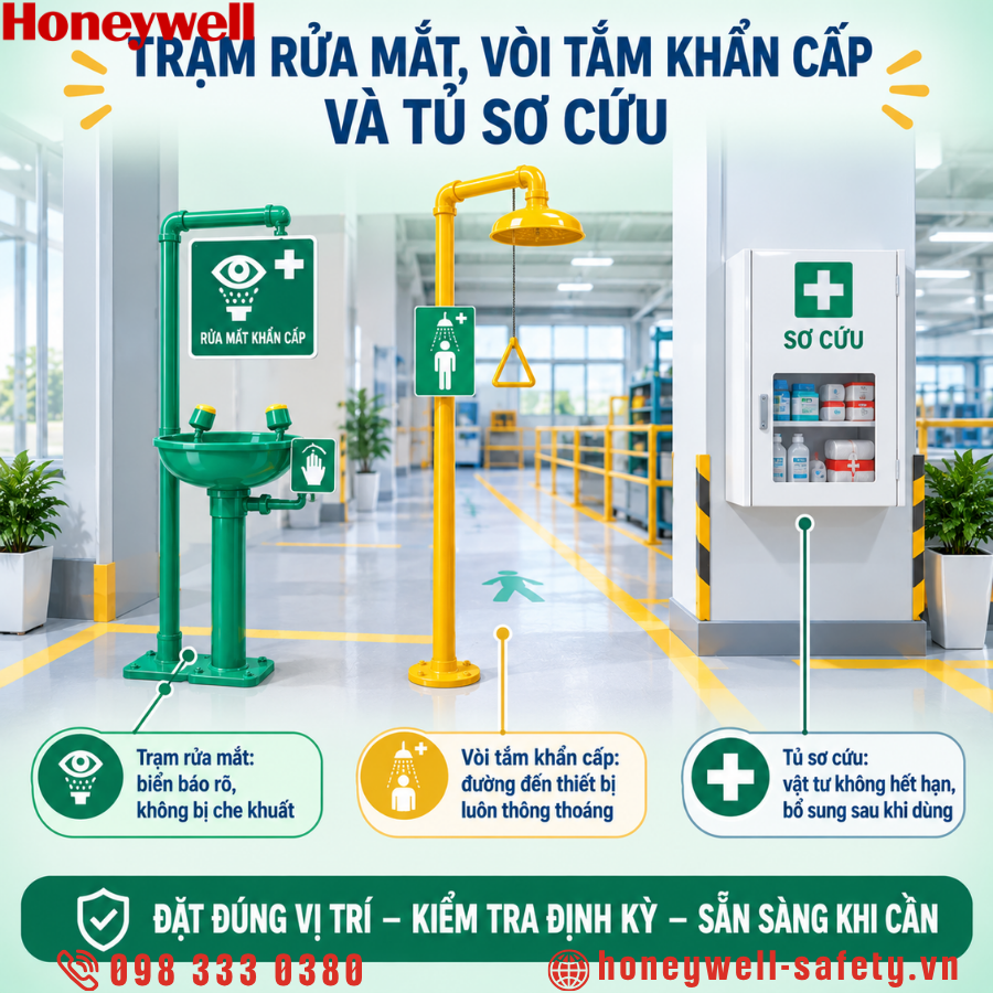 Bố trí trạm rửa mắt và vòi tắm khẩn cấp