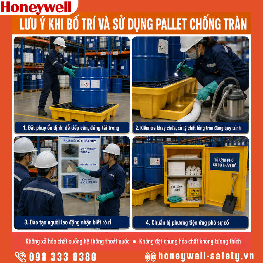 Những lưu ý khi bố trí và sử dụng pallet chống tràn hóa chất